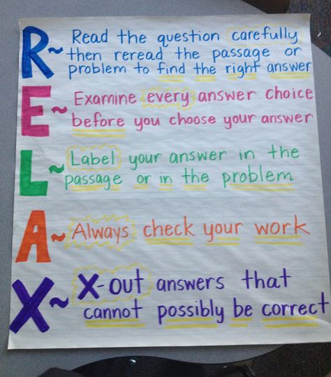 Test taking strategies - RELAX. Love this. Reading Comprehension, Bulletin Boards, Anchor Charts, Teaching Strategies, Test Taking Strategies, Reading Anchor Charts, Teaching Tips, Test Strategy, Reading Strategies