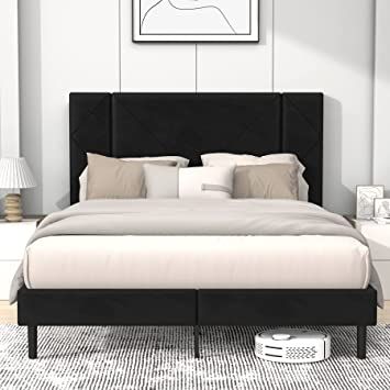Flolinda Queen Bed Frame, Upholstered Bed Frame Queen Size with Tufted Velvet Headboard, Mattress Foundation, Strong Wood Slat Support Double Modern Bed Frame, No Box Spring Needed, Easy Assembly Foundation, Design, Interior, Queen, Velvet, Modern, Strong, Easy, Size