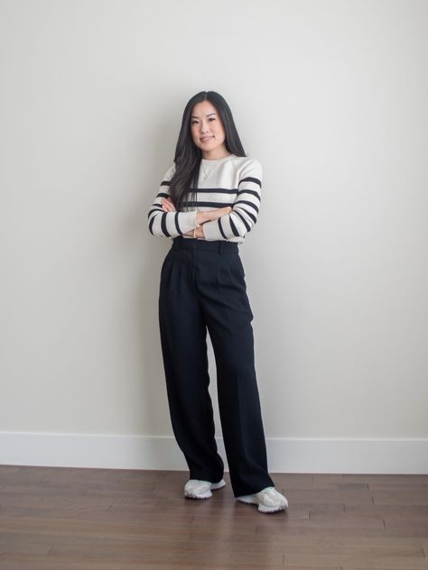 Casual Chic, Outfits, Wardrobes, Minimal, Striped Sweater Outfit, Stripped Sweater Outfit, Winter Pants Outfit, Linen Pants Outfit, Wide Leg Pants Outfit