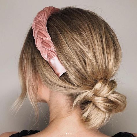 Give yourself two extra minutes in the morning to throw this low bun together. Pick a pretty headband to cap off the look. #hairstyles #updos #southernliving Balayage, Braided Hairstyles, Braided Bun, Messy Bun Headband, Easy Low Bun, Low Bun Hairstyles, Up Dos For Medium Hair, Braided Chignon, Messy Bun