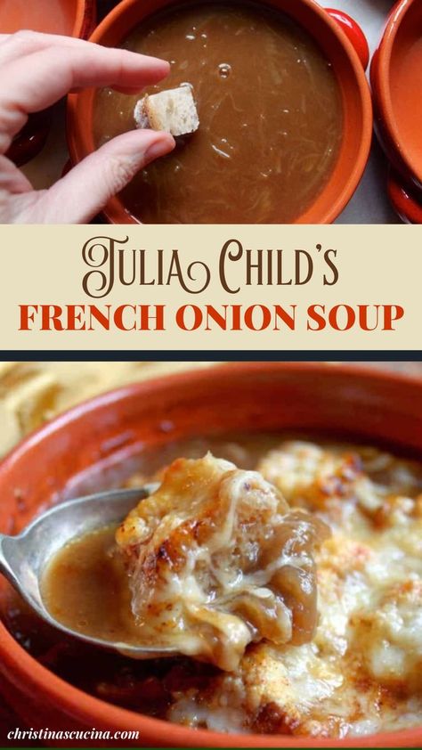 The French onion soup Julia Child made is a classic recipe, but I made one tiny change which I think makes the eating and enjoying of the soup much easier. Sorry, Julia! Homemade Soup, Onion Soup, French Onion Soup Recipe Julia Child, Best French Onion Soup, Homemade French Onion Soup, Onion Soup Recipes, Stew Recipes, Julia Child Recipes, French Soup