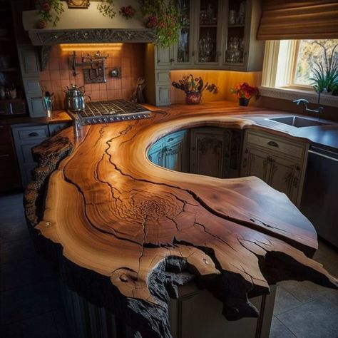 Live Edge Countertops Are Here, and We Can’t Get Enough Of Them! – Inspiring Designs Wood Countertops Kitchen, Wood Countertops, Diy Wood Countertops, Rustic Kitchen Design, Live Edge Countertop, Live Edge Wood, Live Edge Furniture, Rustic Wood, Rustic Home Design