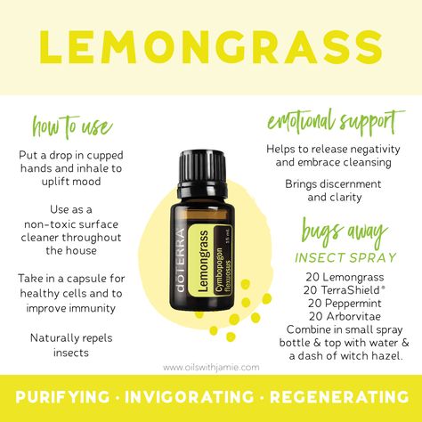 Lemongrass is perfect to apply to overworked muscles because it's very soothing to the body. This makes it an ideal oil for a massage. I love adding a drop or two to my Deep Blue Rub before I apply it. Whip up this yummy diffuser blend: take 3 drops Grapefruit, 2 drops Lemongrass,  and 1 drop Spearmint in a diffuser for a beautiful summery blend that is also purifying to the air!

This month, you can grab Lemongrass for 15% off! Lemongrass Essential Oil Uses, Lemongrass Essential Oil, Doterra Lemongrass, Essential Oil Blends Recipes, Doterra Essential Oils Recipes, Lemongrass Oil, Doterra Essential Oils, Essential Oil Diffuser Blends Recipes, Doterra Oils