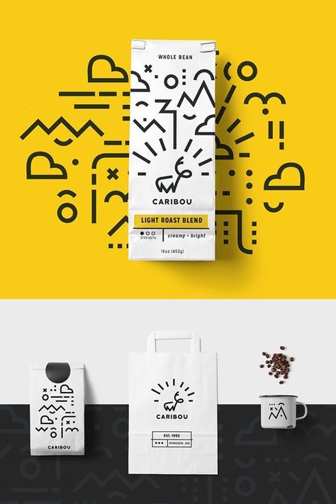 Branding: Caribou Coffee - Stationary   yellow, white, black, bold and clean lines Brand Design, Brand Identity Design, Web Design, Packaging, Corporate Design, Logos, Brand Identity, Brand Packaging, Packaging Design