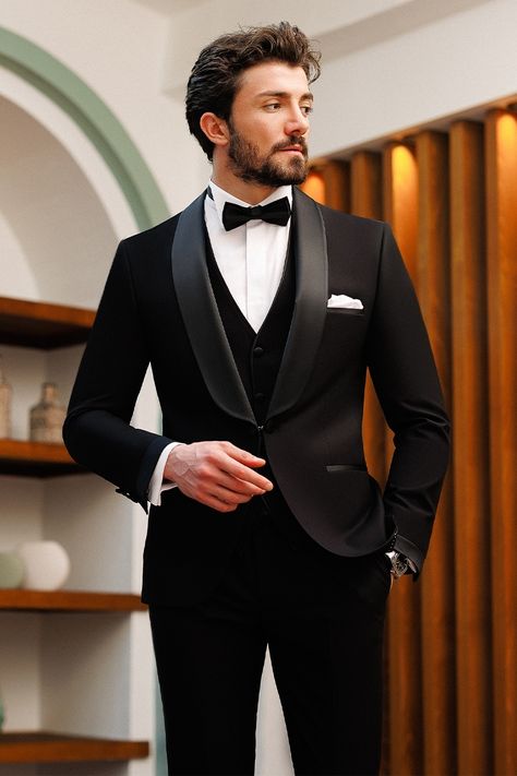 Elevate your formal style with our black slim-fit tuxedo 3-piece set, making a statement of refined elegance. The single-breasted blazer, complete with peak lapels and a fully lined interior, exudes sophistication and attention to detail. #groom #mensstyle #tuxedo #blacktie #blacktuxedo #menattire #menwear #attire #menoutfit #fashion #stylish #dapper Groom And Groomsmen, Men's Suits, Suits, Men's Tuxedo Wedding, Black Groomsmen Suits, Groom Tuxedo Black, Men’s Suits For Wedding, Mens Suit Wedding, Men Suits Style Wedding