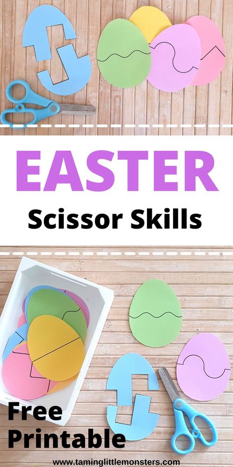 Easter Scissor Skills - Fine Motor Activity for Kids. Cut the easter eggs and develop fine motor skills. Perfect for toddlers and preschoolers. #easter #finemotor #freeprintable #toddler #preschool Diy, Montessori, Play, Pre K, Crafts, Easter Math Activities Preschool, Easter Activities For Preschool, Easter Learning Activities, Easter Activities For Toddlers