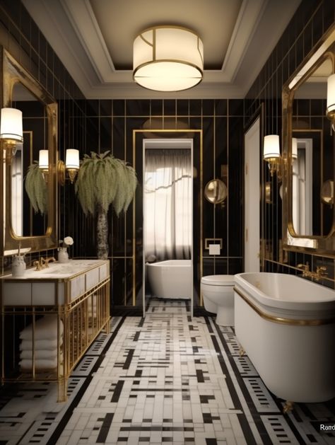 Bathroom Interior Design, Art Deco Bathroom Black And White, Miami Art Deco Interior, Miami Interior Design, Art Deco Bathroom Vanity, Bathroom Design, Stunning Bathrooms, Art Deco Bathroom Tile, Hollywood Bathroom