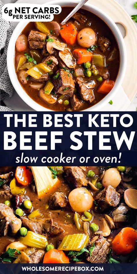 This Keto Beef Stew is filled with tender beef and healthy vegetables, all smothered in a thick gravy. Cook it in the slow cooker or make it in the oven! The recipe is low carb and grain free, so it’s perfect for Trim Healthy Mama (THM S), Keto and Whole30 diets. | #keto #lowcarb #trimhealthymama #thm #beefstew #slowcooker #healthyfood #healthyrecipes Low Carb Recipes, Diet Recipes, Courgettes, Healthy Recipes, No Carb Diets, Keto Diet Recipes, Low Carb Diet Recipes, Low Carb Diet, Keto Crockpot Recipes