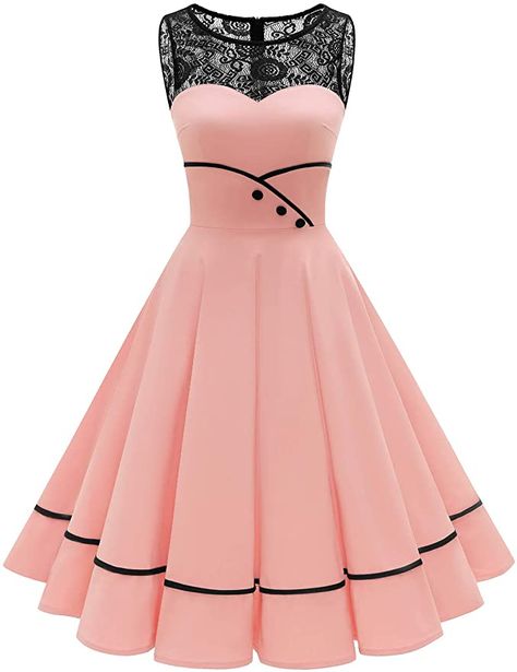 Bbonlinedress Women's 50s Vintage Floral Lace Retro Rockabilly Sleeveless Round Neck Cocktail Party Swing Dress at Amazon Women’s Clothing store Recent Dress Designs, 50s Party Outfit For Women, Robe For Women, Vintage Cocktail Dress Pattern, Elegant Fashion Women, Black Woman In Dress, Round Dress Design, New Fashion Dress, 50s Dresses Formal