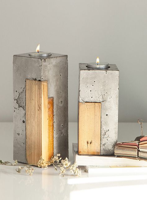Wood Projects, Wood And Concrete, Diy Beton, Concrete Decor, Concrete Candle, Cement Art, Cement Diy, Concrete Design, Concrete Diy