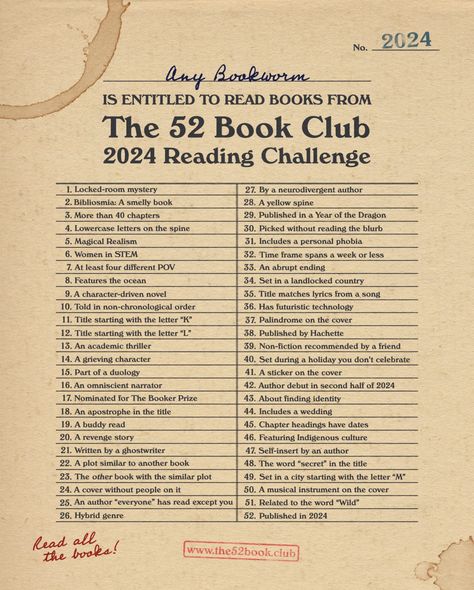 2024 Reading Challenge – The 52 Book Club Books, Challenges, Reading, Libri, Challenge, Libros, Guide, Livros, Happy Reading