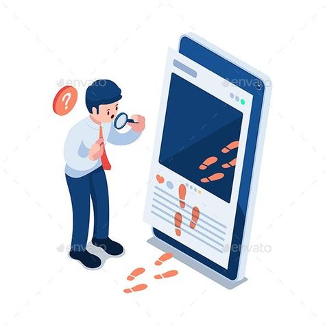 Isometric Businessman with Magnifier Looking at Footprint Inside Social Media