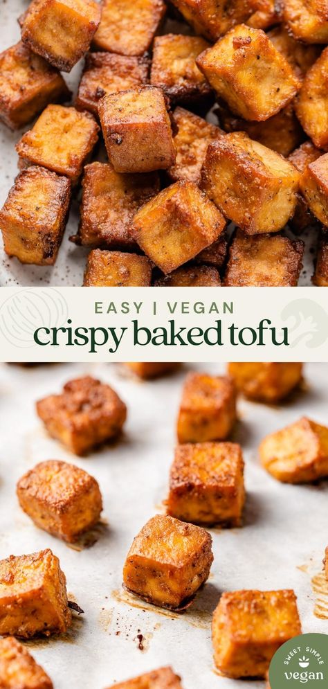 Learn how to make crispy baked tofu! It's easy and perfect for meal prep, plus it requires just a few simple ingredients! #crispytofu #easytofu #veganrecipe #vegan #sweetsimplevegan #entree #lunch #dinner #mealprep #protein Easy Crispy Tofu, Baked Crispy Tofu, Vegetarian High Protein, Crispy Baked Tofu, Pudding Chia, Tofu Recipes Vegan, Tempeh Recipes, Protein Dinner, High Protein Vegetarian Recipes