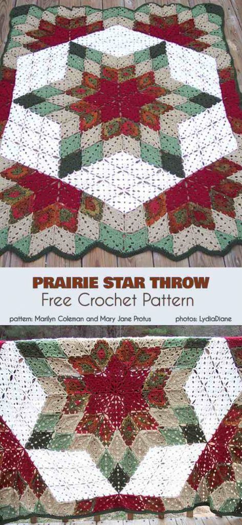 Prairie Star Throw Free Crochet Pattern Patchwork, Crochet Afghans, Plaid, Crochet, Crochet Squares, Quilts, Crochet Quilt, Crochet Quilt Pattern, Crochet Quilt Blanket