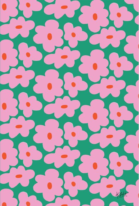 Bold floral print. Bubblegum pink organic flowers with a bright red orange center, patterned over a kelly green bagground. Design, Collage, Kuku, Wallpaper, Cute Patterns Wallpaper, Cute Backgrounds, Wallpaper Backgrounds, Cute Pattern, Cute Wallpapers