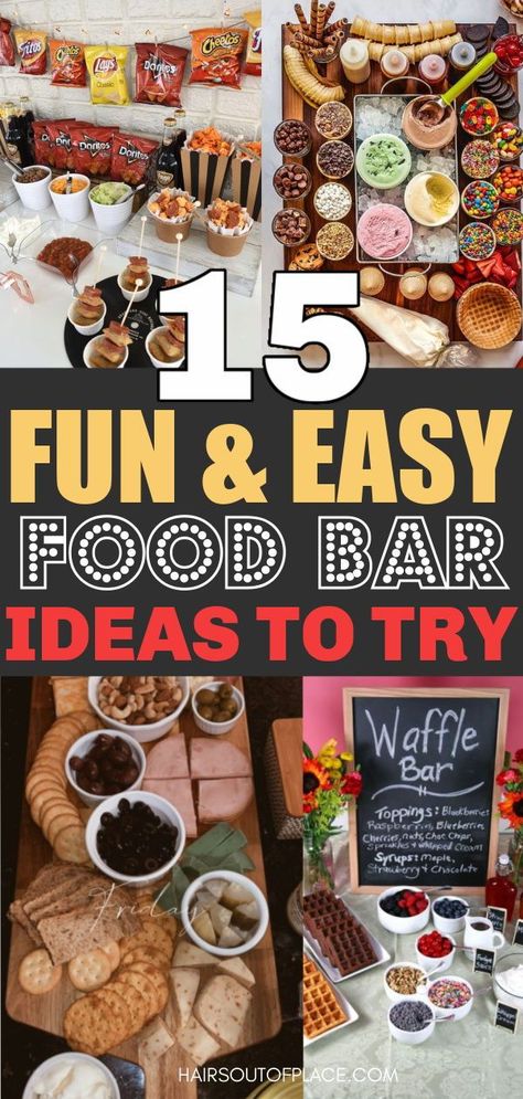 15 food bar ideas for parties that are easy and simple. You'll love these food bar buffets for graduation, new years, birthdays, breakfast, taco, snacks, and more. Parties, Snacks, Party Food Bar, Party Food Buffet, Party Food Bars, Party Food Themes, Easy Party Food, Party Bars, Party Food
