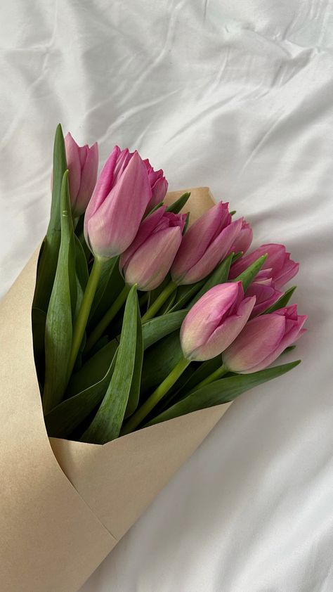 beautiful bouquet of pink tulips wrapped in brown paper Flowers, Ideas, Floral, Pink, Hoa, Pretty Flowers, Flower Aesthetic, Flores, Beautiful Flowers