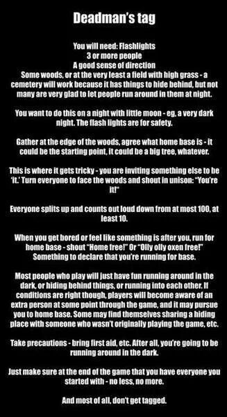 Deadmans tag.... scary as hell but also very interesting. Anyone up for this? Scary Games To Play, Sleepover Party Games, Creepy Games, Teen Party Games, Slumber Party Games, Sleepover Games, Girl Sleepover, Scary Games, Fun Sleepover Ideas