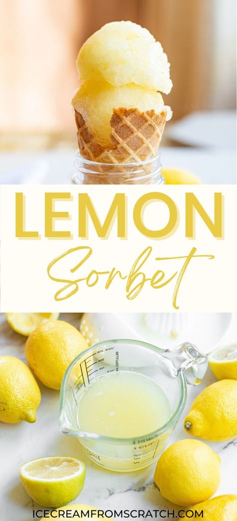 The top half is a waffle cone sitting upright in a glass jar with two scoops of lemon sorbet on top. The bottom half is a measuring cup holding lemon juice with lemons scattered around it. Sorbet, Lemon Sorbet Recipe, Sherbet Recipes, Lemon Sorbet, Lemon Ice Cream, Lime Sorbet, Homemade Lime, Watermelon Sorbet Recipes, Lemon Recipes