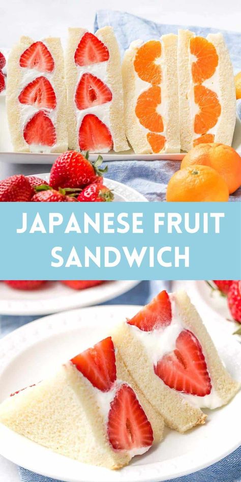 This Japanese fruit sandwich, also called fruit sando or strawberry sando, is a Japanese sandwich made with fresh strawberries and other fruit, sliced white bread or milk bread (shokupan), and fresh whipped cream! #fruitsando #japanesefruitsandwich #strawberrysando #drivemehungry Snacks, Desserts, Fruit, Sandwiches, Dips, Japanese Fruit Sandwich Recipe, Japanese Sandwich, Japanese Dessert Recipes, Japanese Dessert