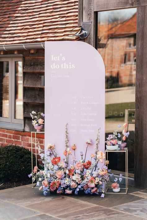 Lilac wedding sign with peach garden roses, white peonies, lilac sweet peas, bluebells and wildflowers floral arrangements | Suzy Elizabeth Photography Decoration, Wedding Decor, Peonies Wedding Decoration, Wedding Deco, Peach Wedding Decor, Floral Garden Party, Pastel Wedding Decorations, Garden Theme Wedding, Whimsical Wedding Theme