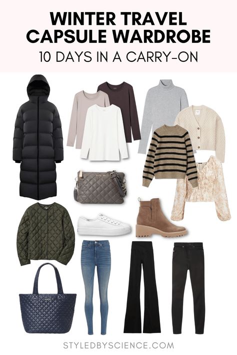 Photo collage featuring pieces for a 10-day travel capsule wardrobe in the winter. Winter Outfits, Outfits, Casual, Capsule Wardrobe, Winter, Winter Packing List, Winter Travel Packing, Winter Packing, Winter Travel Wardrobe