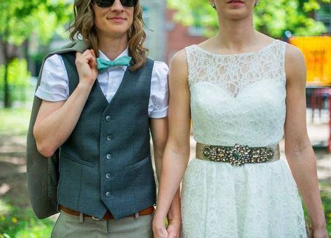 This bride who knew "vest" is absolutely best: 16 Dapper Brides Who Said No To A Dress Wedding Dresses, Wedding Suits, Bow Ties, Same-sex Wedding, Dapper Bride, Wedding Attire, Wedding Styles, Queer Weddings, Wedding Outfit