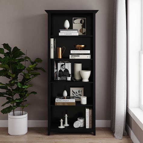 Bookshelves, Home, Interior, Black Bookshelf, Dark Bookshelf Styling, Dark Bookshelves, Bookcase Styling, Black Bookcase, 5 Shelf Bookcase