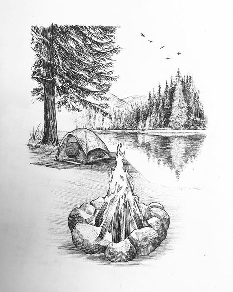 ink drawing Camping, Art, Mountain Drawing, Forest Drawing, Landscape Sketch, Landscape Drawings, Camping Drawing, Underwater Drawing, Nature Drawing