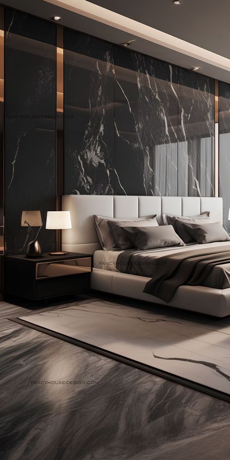 In this modern bedroom, the interior design focuses on neutral tones and textures. A striking marble headboard adds luxury to this master bedroom. Home Décor, Interior, Bedroom Furniture Design, Bedroom Design Luxury, Luxurious Bedrooms Master, Luxury Bedroom Master, Luxe Bedroom Design, Modern Bedroom Design, Master Bedroom Interior Design