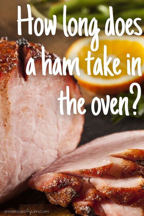 Closeup of a boneless baked ham and a stack of slices with the text how long does a ham take in the oven? Cooking Ham In Oven, How To Cook Ham, How To Cook, Ham Cooking Time, Ham In The Oven, Cooking Spiral Ham, Boneless Ham Recipe, Cooking Recipes, Recipes With Cooked Ham