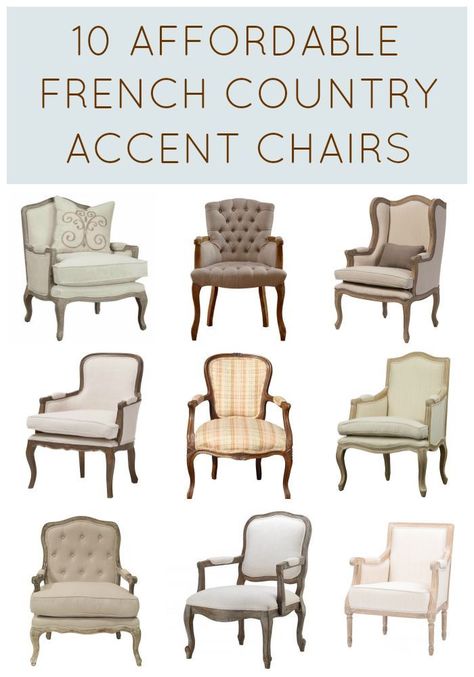 Affordable French Country Accent Chairs | If you love French chairs, you’ll love this shopping guide with affordable French Country accent chairs.  It includes inexpensive French style armchairs and other French furniture. -----> #designthusiasm #frenchcountrychairs #frenchchairsforsale #frenchcountrydiningchairs #frenchcountryaccentchairs #frenchcountryupholsterychairs #farmhousechairs #frenchfurniture #frenchstylechairs #frenchlivingroomchairs #affordablefrenchchairs French Country Decorating, French Country Chairs, French Country Furniture, French Country Living Room, Country Home Decor, French Country Style, Country House Decor, French Style Chairs, French Farmhouse Decor