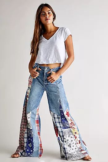 Jeans, Wide Leg Jeans, Denim Fashion, Patchwork Jeans, Upcycle Jeans, Jeans Diy, Flare Silhouette, Clothes For Women, Patchwork Jeans Diy
