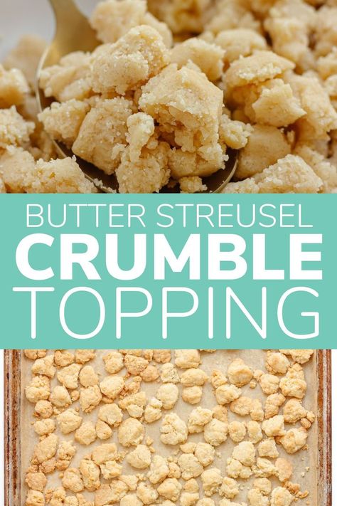 Learn how to make the most delicious butter streusel topping ever! This super yummy cookie-like crumble topping is buttery with the perfect amount of sweetness. It’s crazy good! Can be made in just 5 minutes with a few simple ingredients that I bet you already have in your fridge and pantry. Use as a crumble topping on your favorite baked goods like pies, cakes, muffins and of course crumbles! Or bake it separately and sprinkle over yogurt, ice cream, etc. for a delicious crispy topping. Pie, Muffin, Buttery Cookies, Crumb Topping, Pie Crumble Topping, Baked Goods, Crumble Topping, Pie Crumble, Streusel Topping Recipe