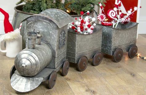 Our Huge Galvanized Train is perfect for Christmas time and beyond!  #traindecor #galvanizeddecor #farmhouse #christmasdecor Crafts, Winter, Wooden Wagon, Galvanized Christmas Decor, Train Decor, Outdoor Christmas Decorations, Farmhouse Christmas, Galvanized Decor, Outdoor Christmas