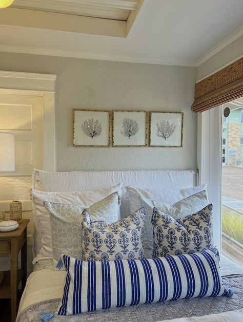 Katie Fang Vanity Tour, Hamptons Home Aesthetic, Coastal Grandmother Bed, White And Blue Aesthetic Room, Cozy Blue And White Bedroom, Coastal Dorm Aesthetic, White And Blue Beach House, White Coastal Bed, Blue And White Beach Bedroom