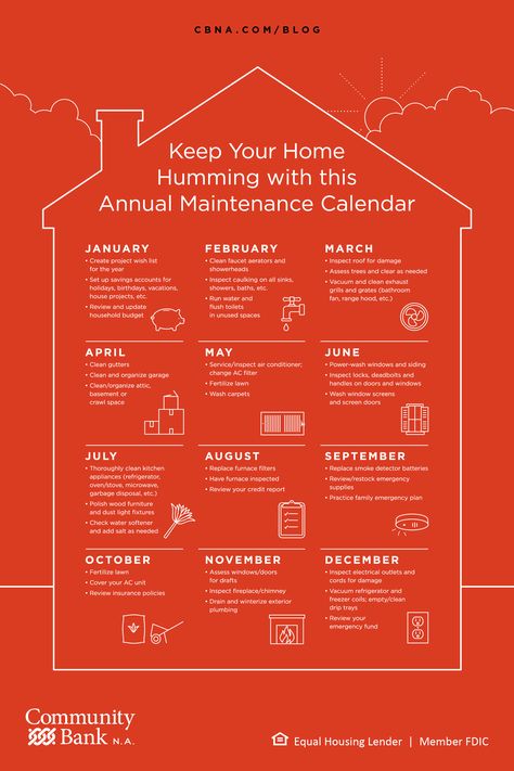 Our home maintenance calendar breaks down basic home improvement projects month by month, so you can stay on top of your to-do list all year round. Home Repairs, Useful Life Hacks, Ideas, House Cleaning Tips, Clean House, Home Maintenance Checklist, Home Maintenance Schedule, Household Hacks, Homeowner