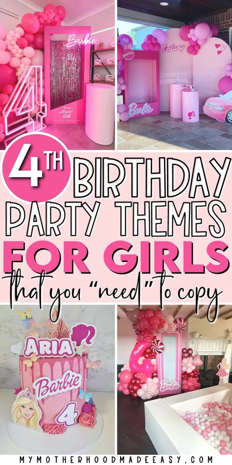 4th birthday party ideas for girls Barbie, 6th Birthday Parties, Birthday Themes For Girls, Girls Birthday Party Themes, 4th Birthday Girl Theme, 4th Birthday Parties, Girls Party Themes, Kids Themed Birthday Parties, Girl Birthday Party Themes