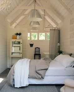 garage shed turning into guesthouse Guest House Shed, Tiny Guest House, Shed Guest House, Guest House Small, Backyard Guest Houses, Shed Interior, Small Attic, Shed Home, Shed To Tiny House