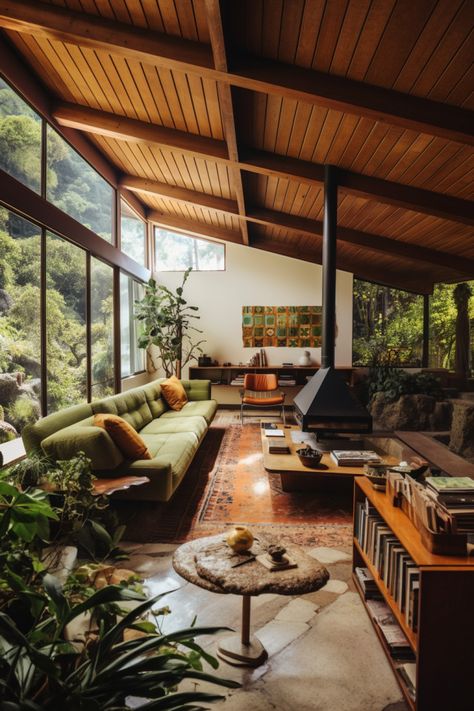 Concrete Floor Mid Century Modern, Eclectic Southwestern Interior Design, Modern Mid Century Architecture, Interior With Character, Mcm Wood Paneling Living Room, Interior Design Accent Color, Green Wall Interior Design Living Room, Topanga Home, Eclectic Cozy Home