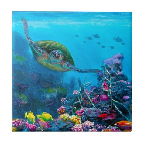 Hawaiian Green Sea Turtle Tropical Fish Reef Tile - Home Decor Coral, Art, Under The Sea, Ocean Themes, Under The Ocean, Ocean Art, Underwater Painting, Sea Turtle Wall Art, Sea Art