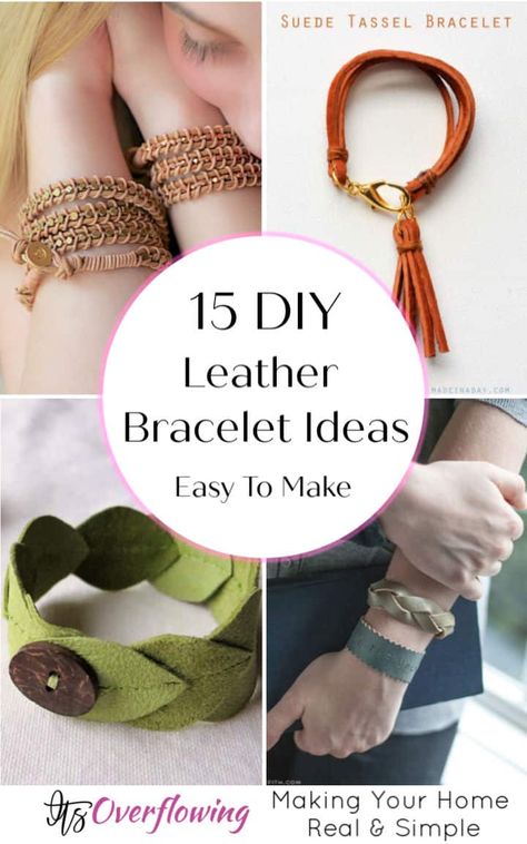 15 Easy To Make DIY Leather Bracelet Ideas - Its Overflowing Diy, Bracelets, Bijoux, Diy Leather Bracelet, Diy Leather And Bead Bracelet, Leather Wrap Bracelet Diy, Leather Cord Bracelets, Faux Leather Bracelets, Leather Cuff Bracelet Diy