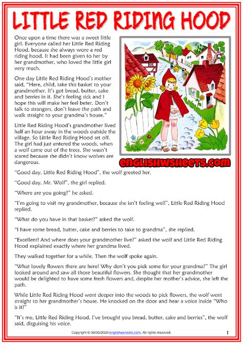 Little Red Riding Hood ESL Reading Text Worksheet For Kids Ideas, Little Red Riding Hood, Little Red Ridding Hood, Little Red, Red Riding Hood, Red Riding Hood Story, Fairy Tales For Kids, Kids Story Books, Story Tale