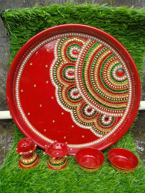 Decorative Thali Set for Festival Season Thali Decoration Ideas, Arti Thali Decoration, Colorful Rangoli Designs, Kalash Decoration, Diwali Decorations, Diwali Decoration Items, Diy Wall Art Decor, Rakhi Making, Decorative Platter