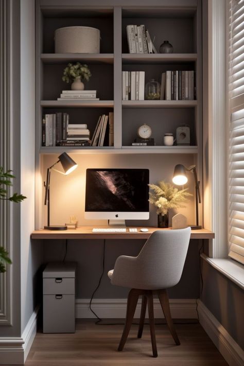 Small Office with a Desk and Shelves Design, Interior, Inspiration, Diy, Dekorasyon, Dekorasi Rumah, Modern, Inredning, Interieur