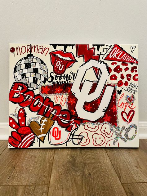 Red, crimson, cream, whimsical, 24x30” canvas, painting, wall art for dorm or apartment College Canvas Art, Oklahoma Art, College Canvas Paintings, College Wall Art, College Canvas, Canvas Painting Ideas College, College Dorm Canvas, College Art Projects