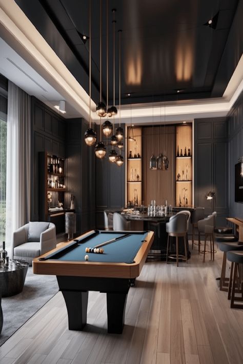 Elegant billiards-themed game room with dark wood accents, modern furniture, and ambient pendant lighting. Interior, Entertainment Room Design, Entertainment Room, Game Room Basement, Billiard Room Ideas Interior Design, Game Room Bar, Modern Billiard Room, Home Lounge Room Bar, Games Room Inspiration