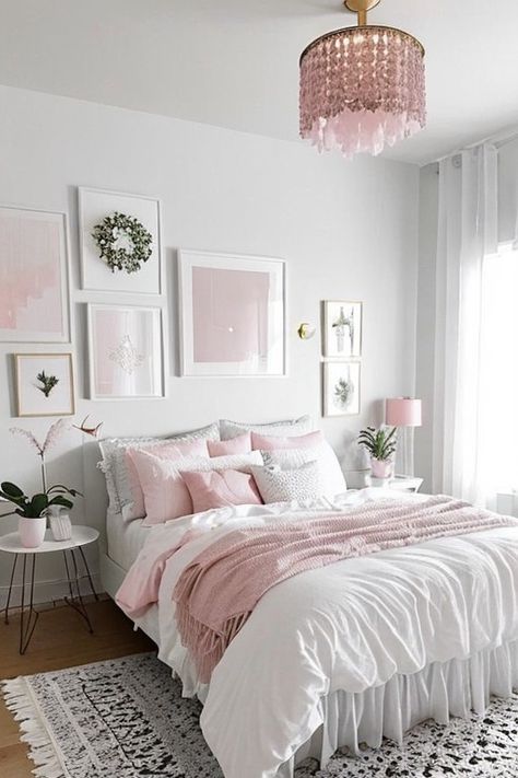 Discover modern white bedroom ideas with a pop of pink! This bedroom features a chic white bedroom set, soft pink bedroom touches, and a stylish grown-up pink bedroom decor. Learn how to decorate a white bedroom with pink accents and get inspired by these elegant pink bedroom ideas. #whitebedroomset #pinkbedroom #bedroomdecor #pinkbedroomideas #whitebedroomideas Design, Interior, Kamar Tidur, Girls, Girl, Girls Pink Bedroom Ideas, Feminine Bedroom, Modern, Inspo