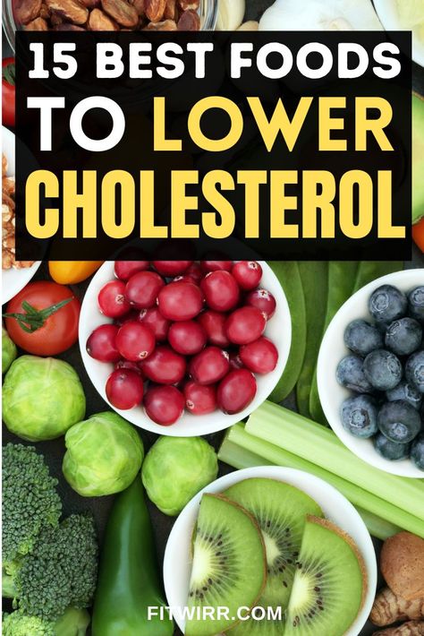 The pin features an image of raw foods that are known to help lower cholesterol and maintain healthy eating for the overall health. The pin title on top reads "15 foods to help lower cholesterol." Low Cholesterol, Lower Cholesterol, Cholesterol, Holistic Diet, Heart Healthy Diet, Low Cholesterol Recipes, Low Cholesterol Diet, Low Cholesterol Snacks, Lower Cholesterol Diet