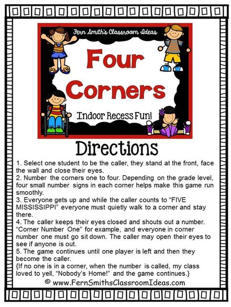 Four Corners GameHave you had a chance to play this great indoor recess game? Two ways to play, tip-toe-quiet or fun-stomping-loud! I have a printable direction sheet on my blog, feel free to visit an Games, Pre K, Youtube, Class Games, Recess Games, Four Corners Game, Games For Kids, Recess, Group Games